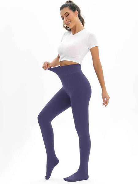 Plus Size Women Purple Comfort Fleece Footed Fur Stocking Winter Wear Extra Warm, Woolen High Waisted Lined Thigh Highs