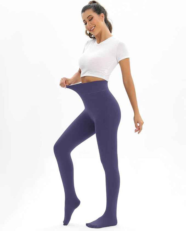 Plus Size Women Purple Comfort Fleece Footed Fur Stocking Winter Wear Extra Warm, Woolen High Waisted Lined Thigh Highs