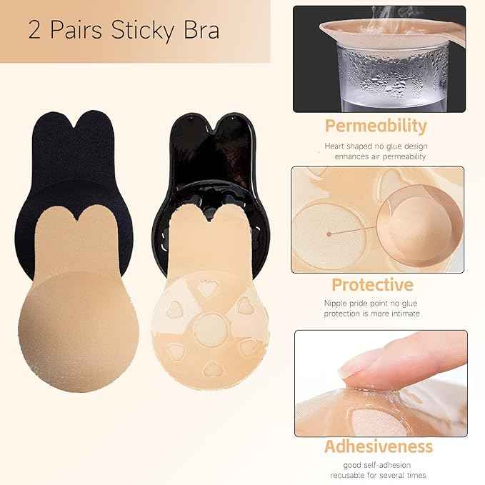 Brachy Women Pack Of 2 Sticky Adhesive Silicone Invisible Push Up Backless Strapless Nipple Cover Bra