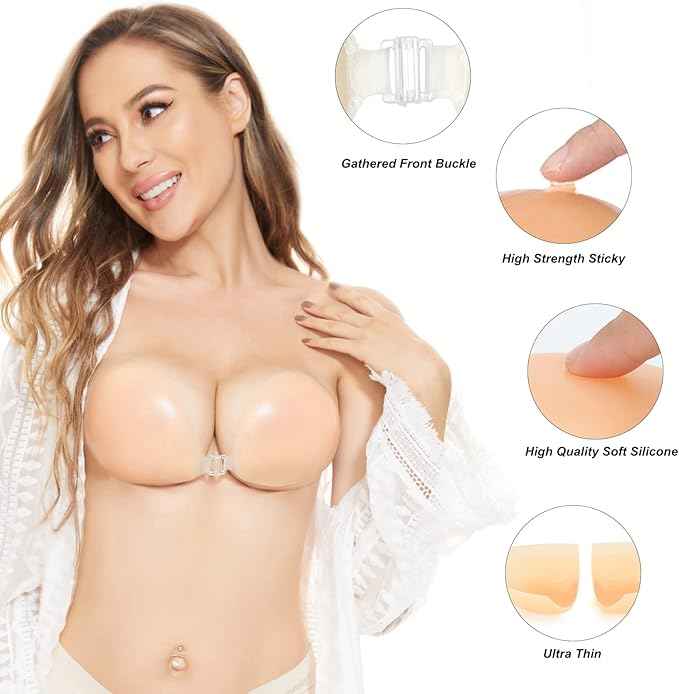 Brachy Women Self-Adhesive Plunge Strapless Push-Up Silicone Backless Bra With Silicone Nipple Cover Set