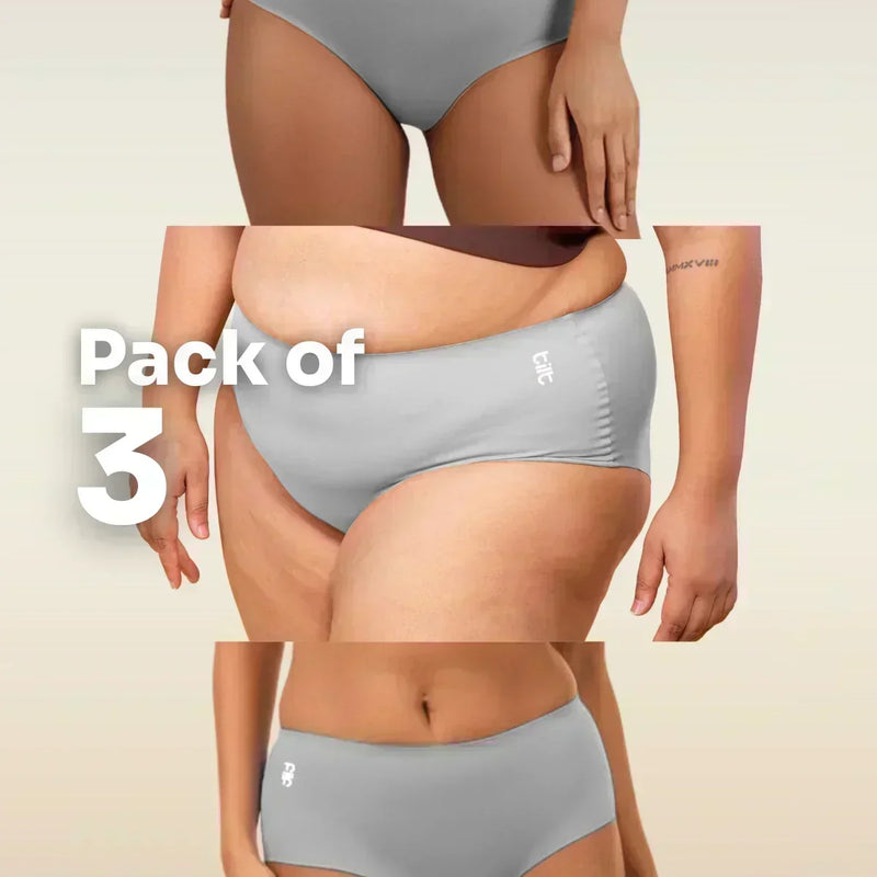 Three-panel collage showing various body types in grey tilt briefs, with text overlay reading 