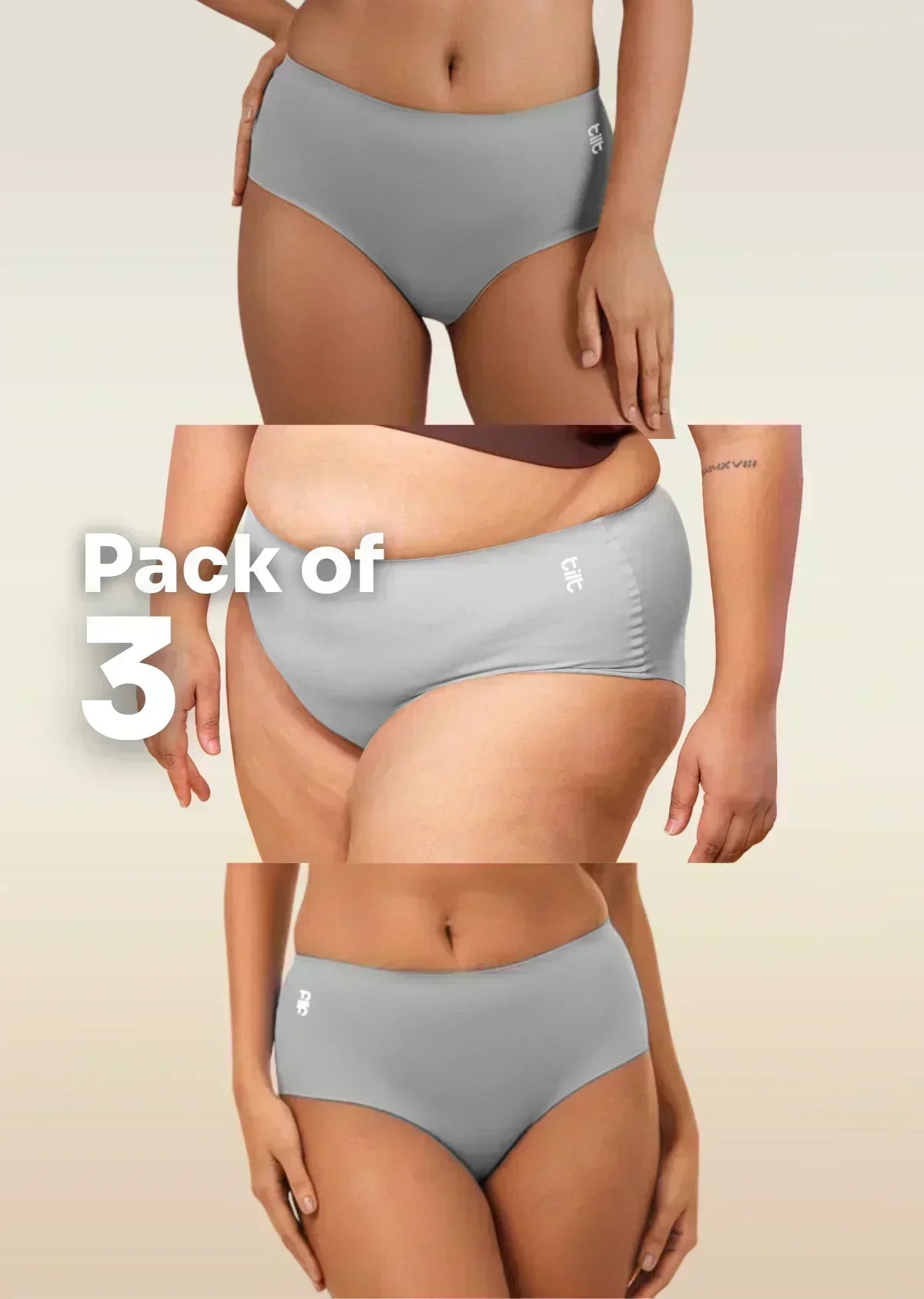 Three-panel collage showing various body types in grey tilt briefs, with text overlay reading "Pack of 3"
