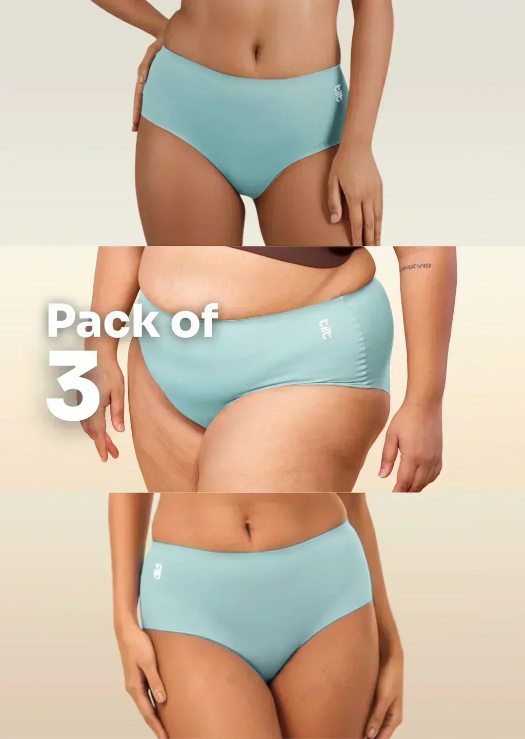 Three-panel collage showing various body types in blue tilt briefs, with text overlay reading "Pack of 3"