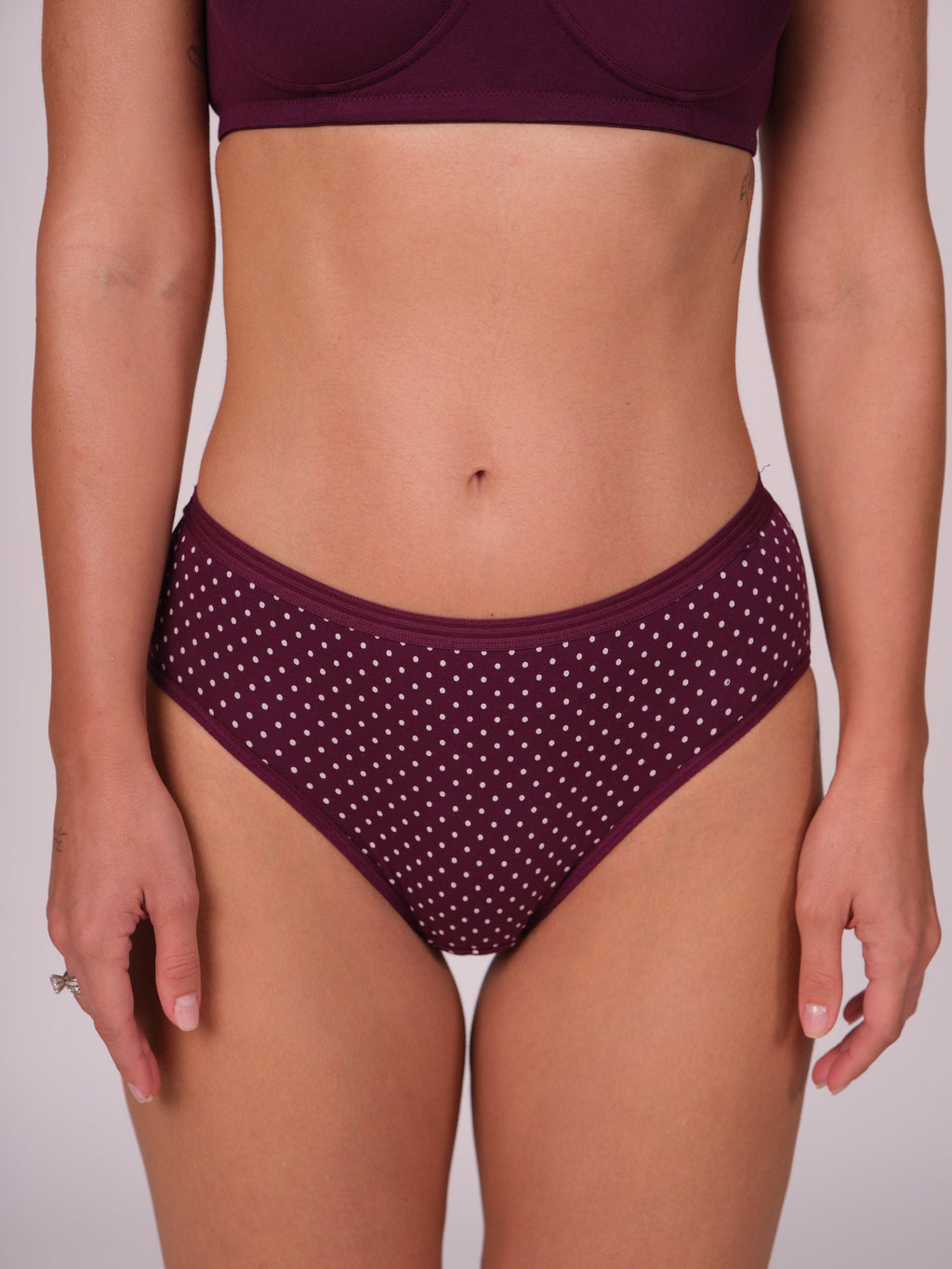 Mid Waist Hipster Panty Bundle Polka Dots Print With Outer Elastic- Dark Purple (Pack Of 3)