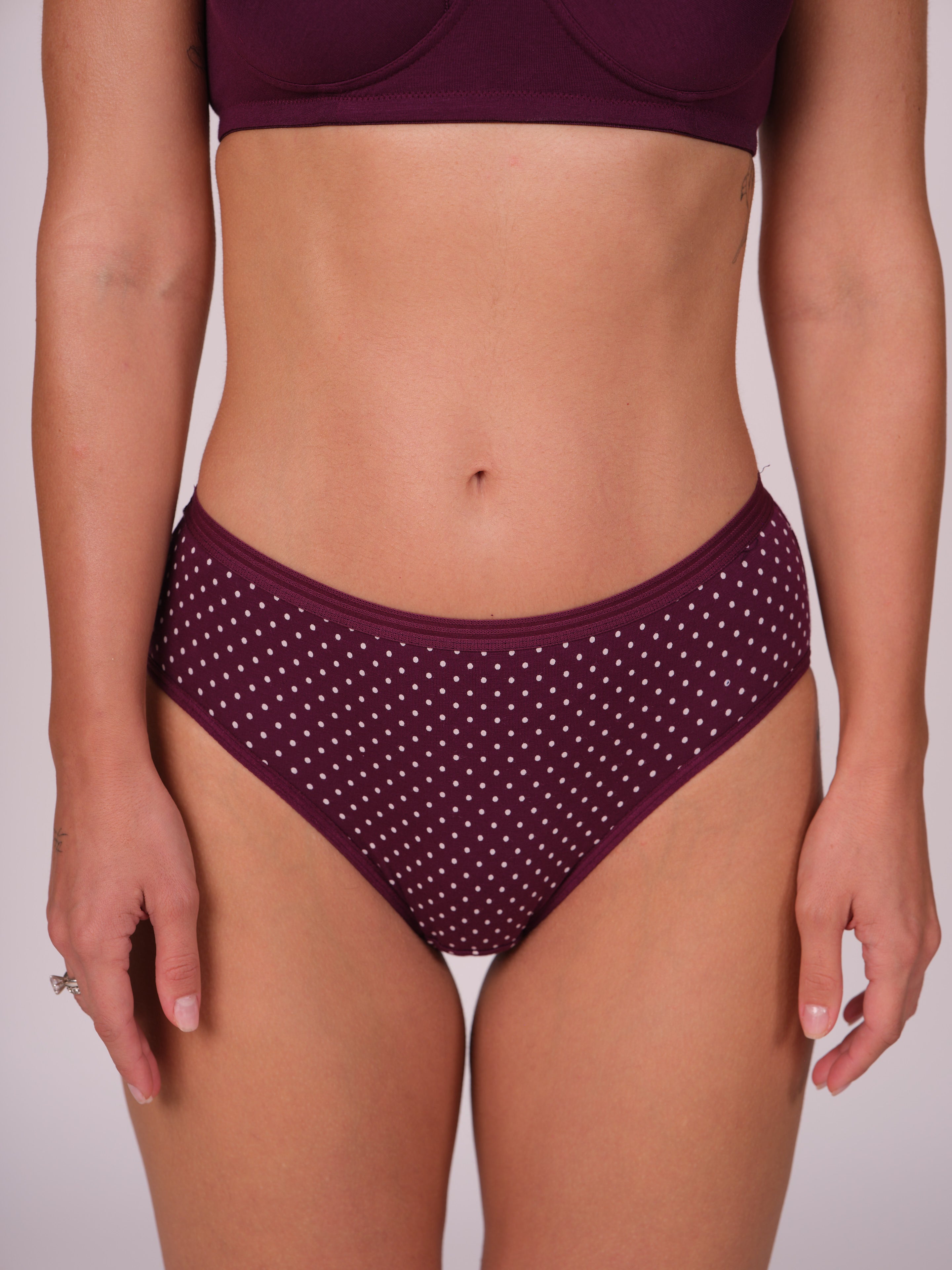 Mid Waist Hipster Panty Bundle Polka Dots Print With Outer Elastic- Dark Purple (Pack Of 3)