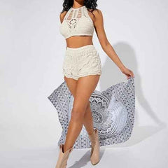 Women's & Girls' White Hollow Out Tie Backless Beach Halter Crochet Padded Top Bra