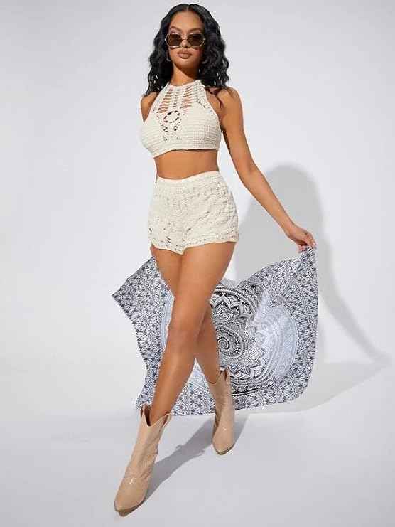 Women's & Girls' White Hollow Out Tie Backless Beach Halter Crochet Padded Top Bra