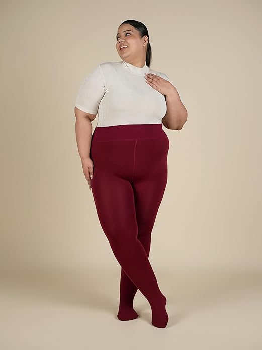 Women Maroon Winter Fur Warm Fleece-Lined Thermal Stretchable Fashion Stockings for Cold Weather. - Brachy