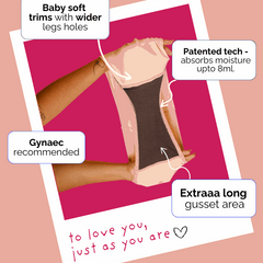 beige underwear with text highlighting features on a pink background
