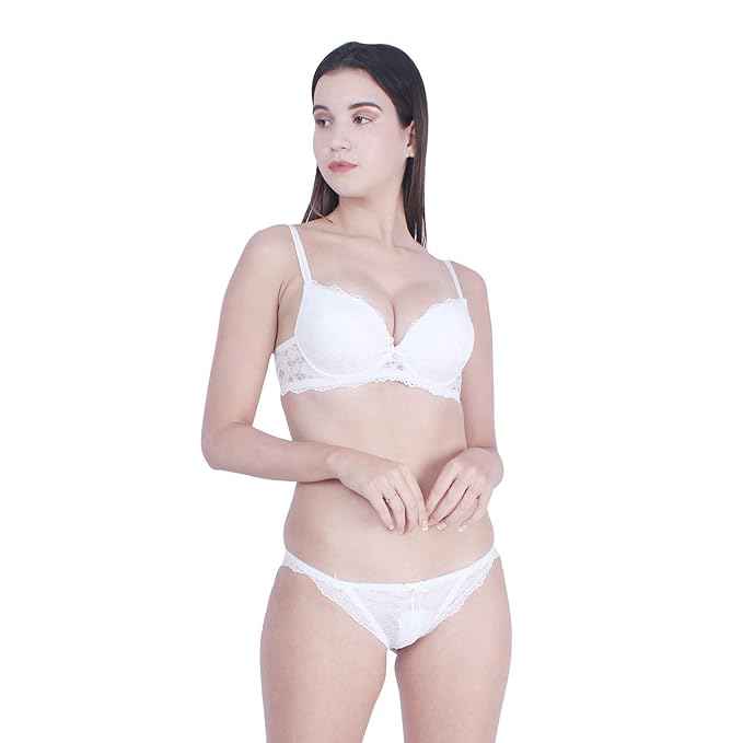 Women's Elegant Lace Love Double Padded Underwired Push up Bra Panty Bridal Set