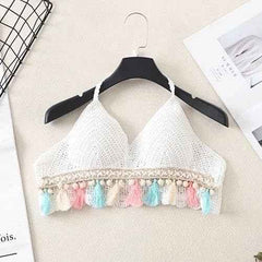 Women's White Crochet V Neck Padded Bikini Tops Backless Lace Up Beachwear Bralette Crop Top