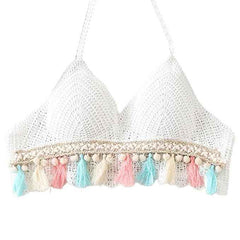 Women's White Crochet V Neck Padded Bikini Tops Backless Lace Up Beachwear Bralette Crop Top