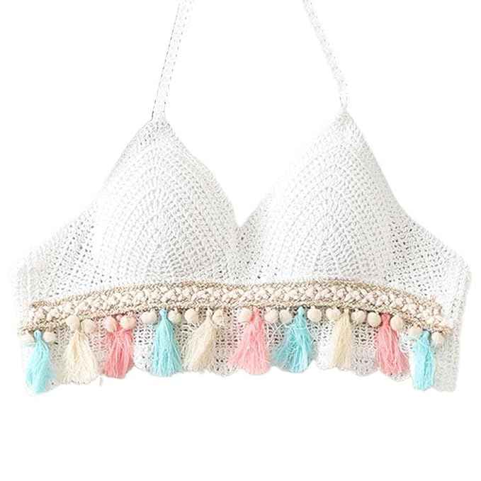 Women's White Crochet V Neck Padded Bikini Tops Backless Lace Up Beachwear Bralette Crop Top