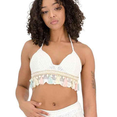 Women's White Crochet V Neck Padded Bikini Tops Backless Lace Up Beachwear Bralette Crop Top