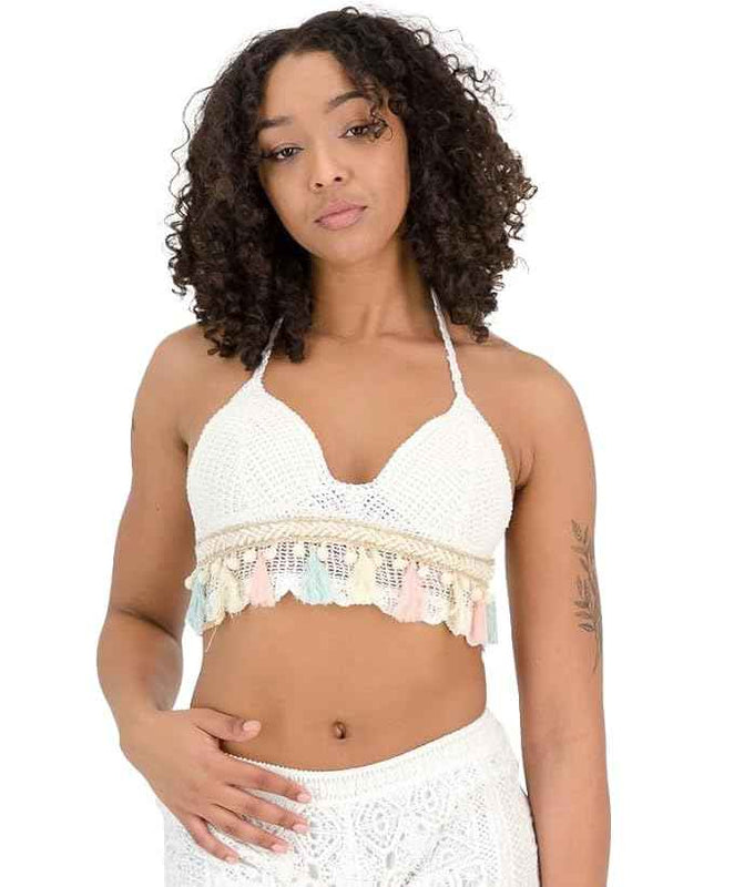 Women's White Crochet V Neck Padded Bikini Tops Backless Lace Up Beachwear Bralette Crop Top