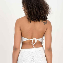 Women's White Crochet V Neck Padded Bikini Tops Backless Lace Up Beachwear Bralette Crop Top