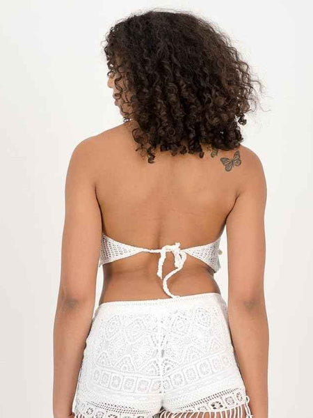 Women's White Crochet V Neck Padded Bikini Tops Backless Lace Up Beachwear Bralette Crop Top