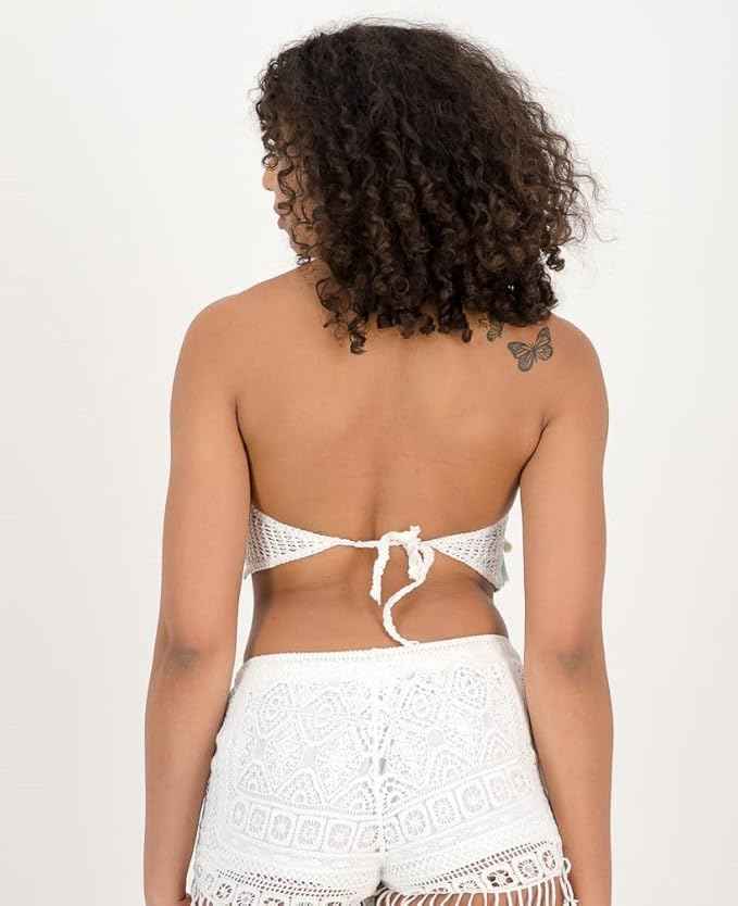 Women's White Crochet V Neck Padded Bikini Tops Backless Lace Up Beachwear Bralette Crop Top
