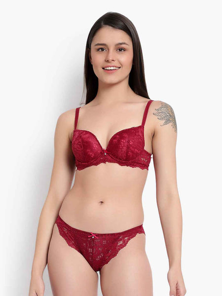 Women's Elegant Lace Love Double Padded Underwired Push up Bra Panty Bridal Set
