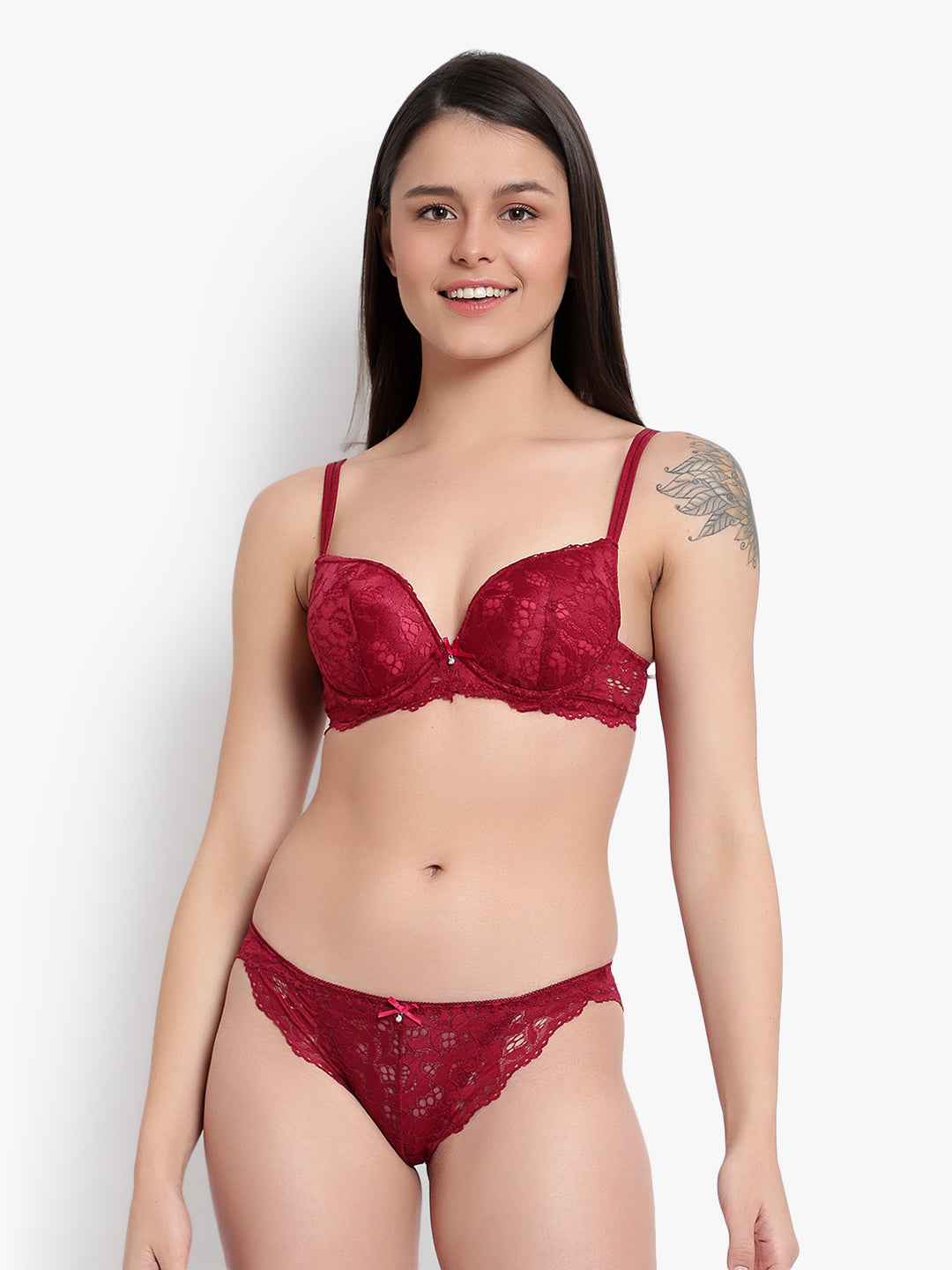 Women's Elegant Lace Love Double Padded Underwired Push up Bra Panty Bridal Set