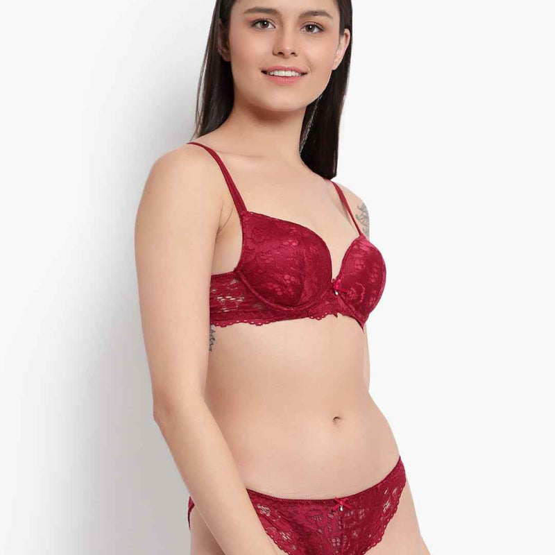 Women's Elegant Lace Love Double Padded Underwired Push up Bra Panty Bridal Set