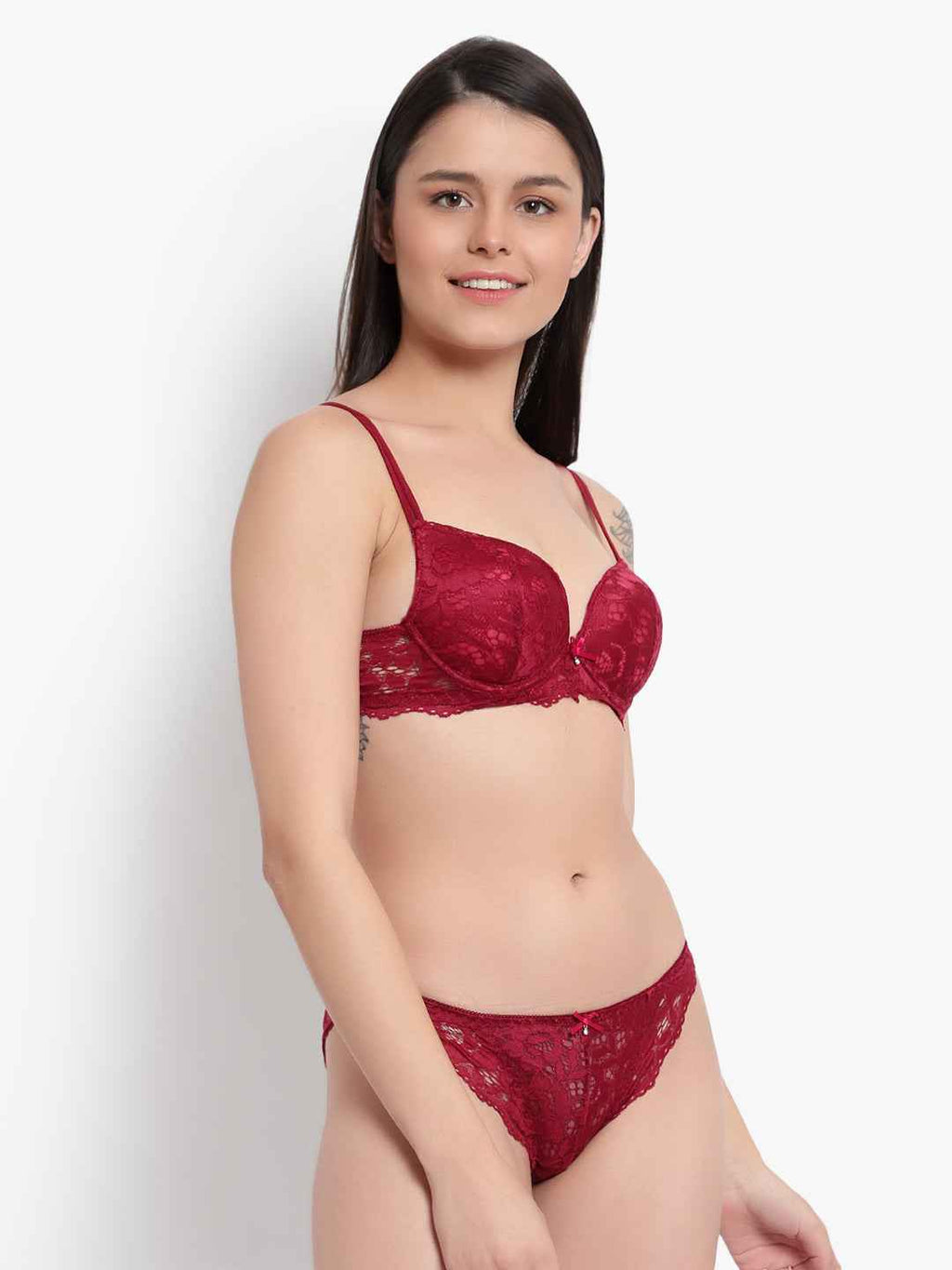 Women's Elegant Lace Love Double Padded Underwired Push up Bra Panty Bridal Set