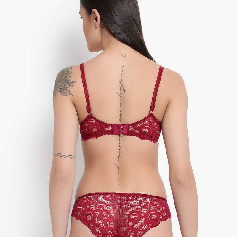 Women's Elegant Lace Love Double Padded Underwired Push up Bra Panty Bridal Set